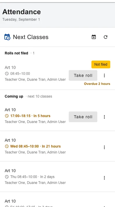 A teacher's phone showing today's classes with Take roll buttons