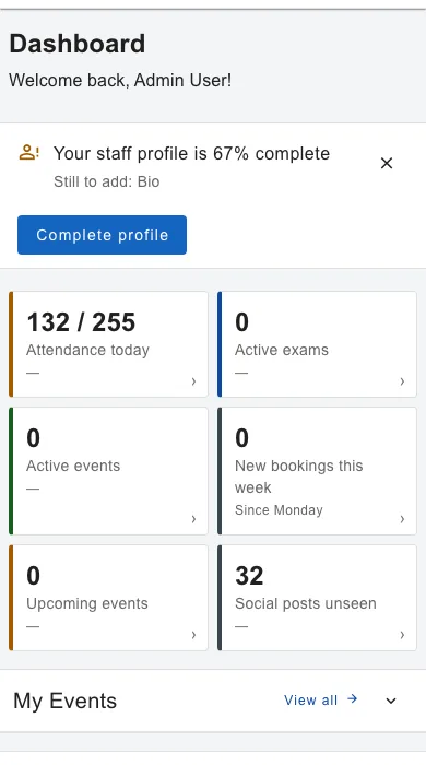 The mobile dashboard with attendance, exams and events at a glance
