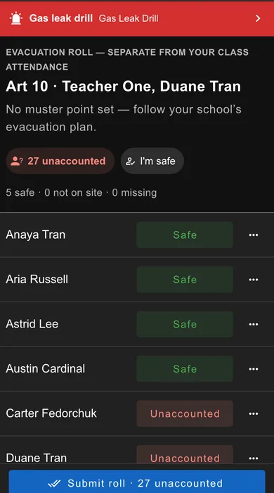 A teacher's evacuation roll on a phone, marking each student safe or unaccounted for, with a submit button at the bottom