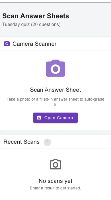 Scan Marker on a phone: the camera open over an answer sheet, with manual entry as a fallback