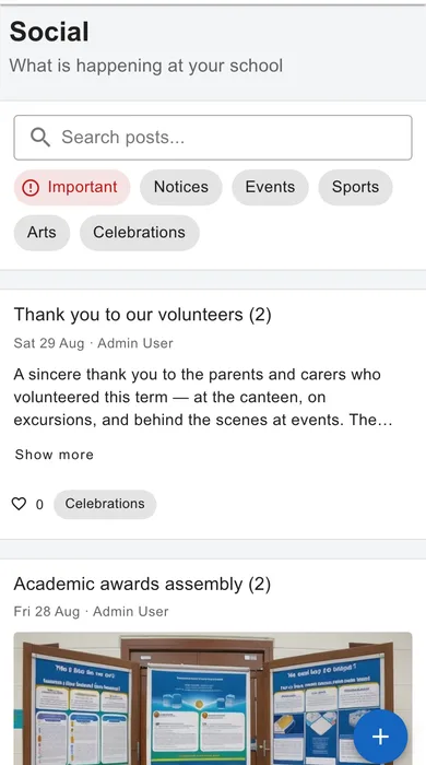 The school feed on a phone, with category filters across the top and posts below