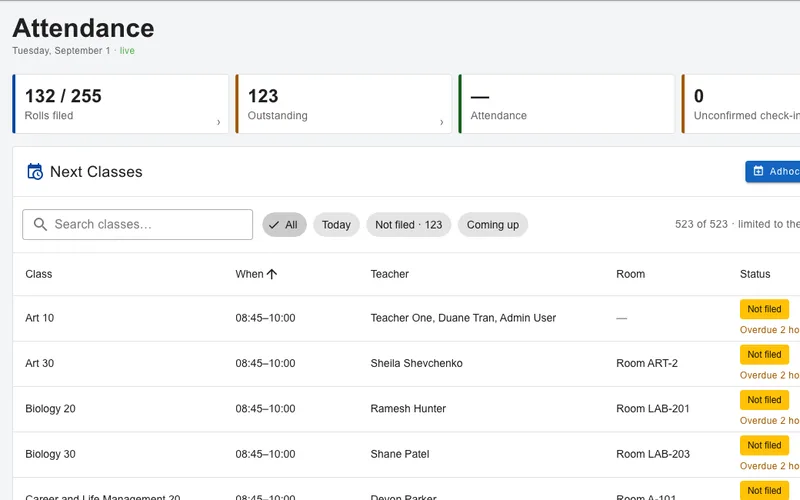 The administrator's live attendance overview: rolls filed 132 of 255, next classes and their status