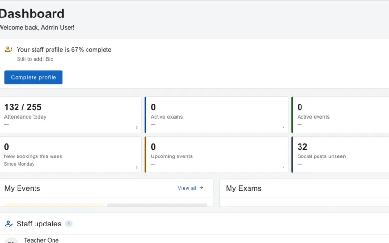 The administrator dashboard: attendance today, new bookings this week, upcoming events and quick actions
