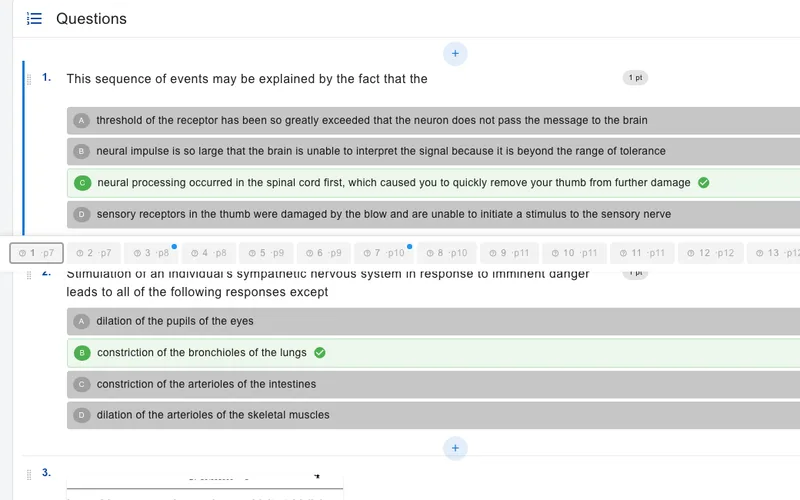 The exam builder with questions, points and details