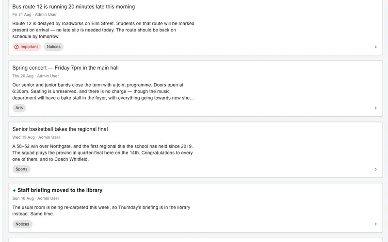 The school feed: posts about a late bus route, a spring concert, a basketball final and a staff briefing, each with its category