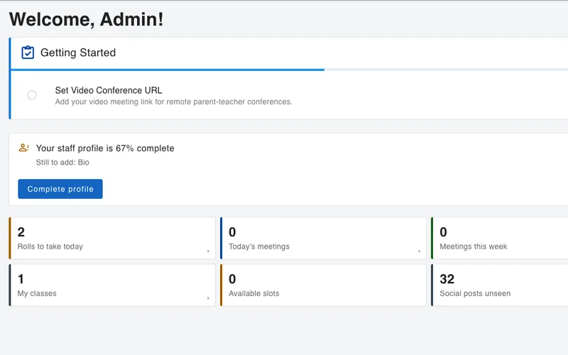 A teacher's dashboard showing rolls to take today, today's meetings and meetings this week